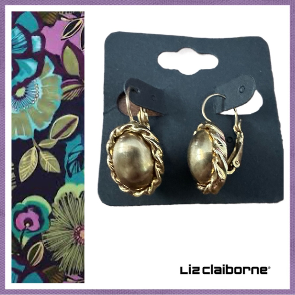 Liz Claiborne Vintage Oval Lever Back Earrings - Gold T… EUC